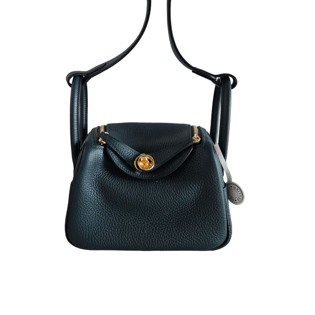 Hermes Mini Tasche Vert Cypres Lindy II Leather Shoulder Bag