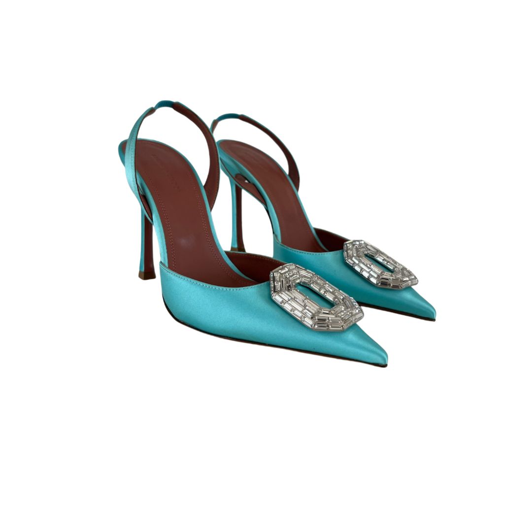 Amina Muaddi Camelia 95 Crystal Slingback Light Blue Pumps in Satin, size 38.5