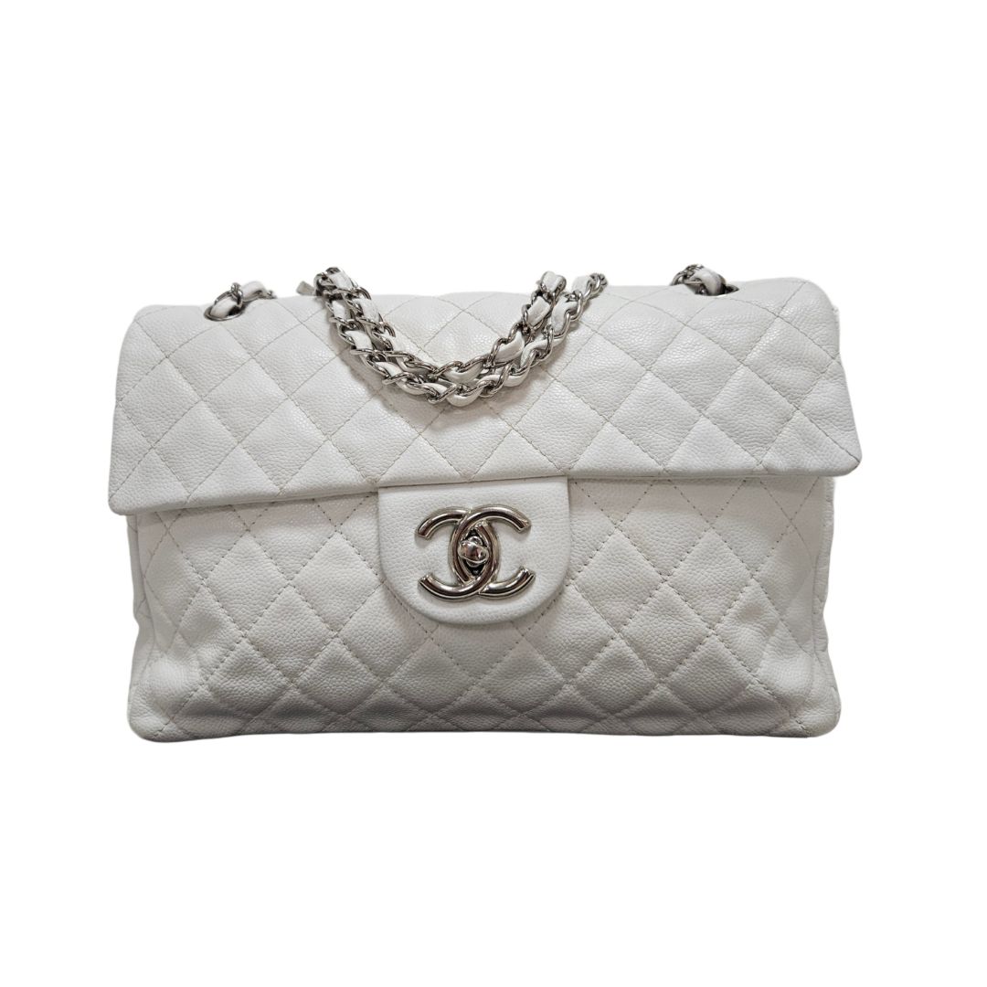 Chanel White Classic Caviar Leather Flap Bag