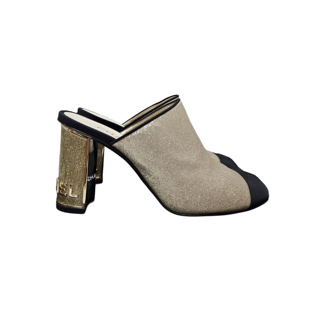 Chanel Metallic/Black CC Cap Toe Glitter With Block Heel Mules