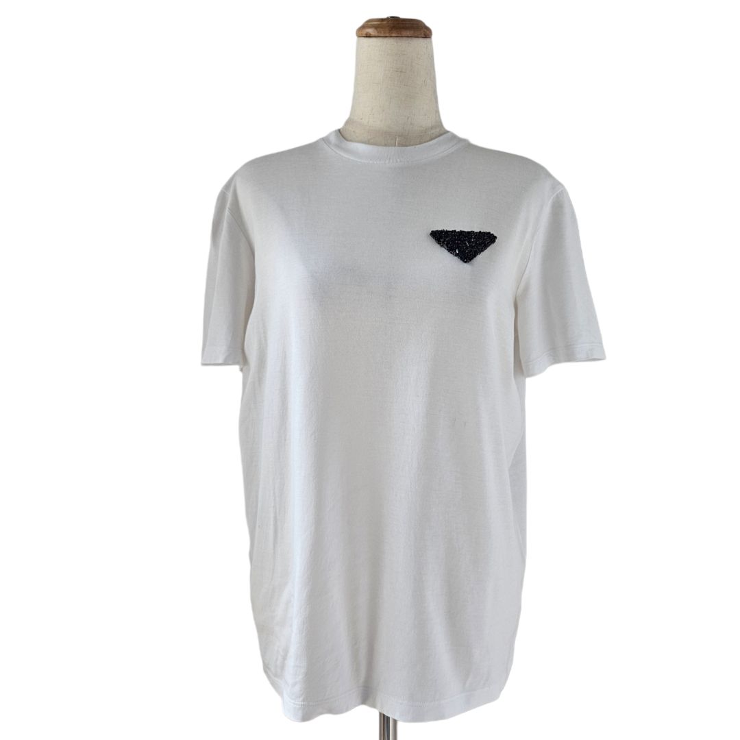 Prada White with Beaded Triangle Patch T Shirt