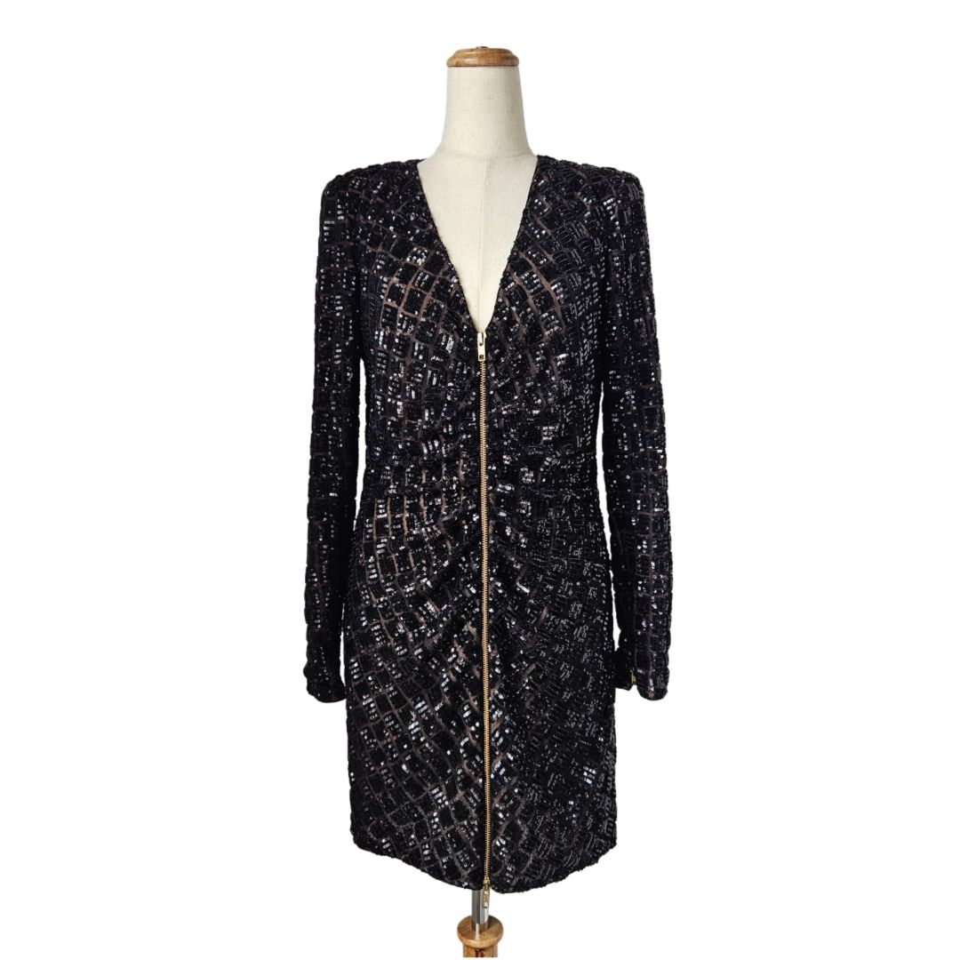 Self Portrait Black Sequins Embellished Long Sleeve Midi Dress