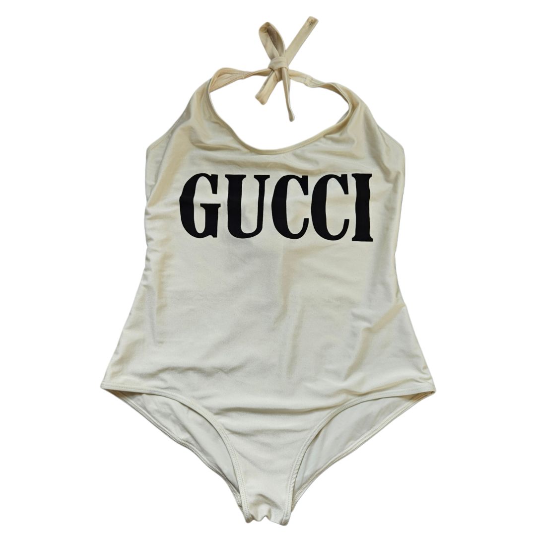 Gucci Cream Logo Print Halter Neck Swimsuit