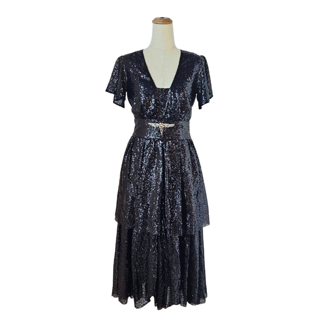 Ingie Black Sequin Embellished W/ Crystal Butterfly Shape Tulle Dress