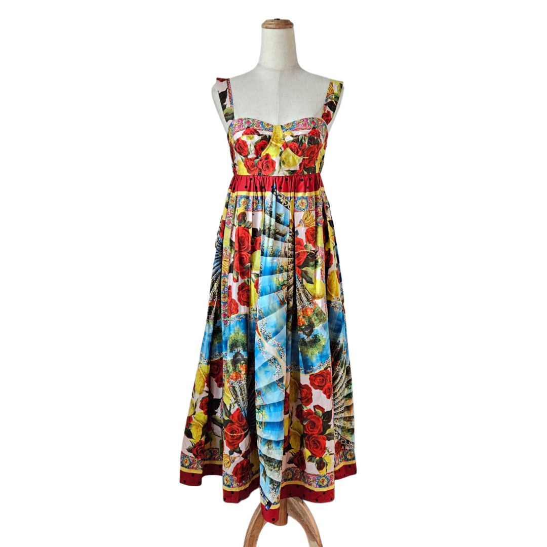 Dolce & Gabbana Multicolor Roses Fan Print Majolica Poplin Mide Dress