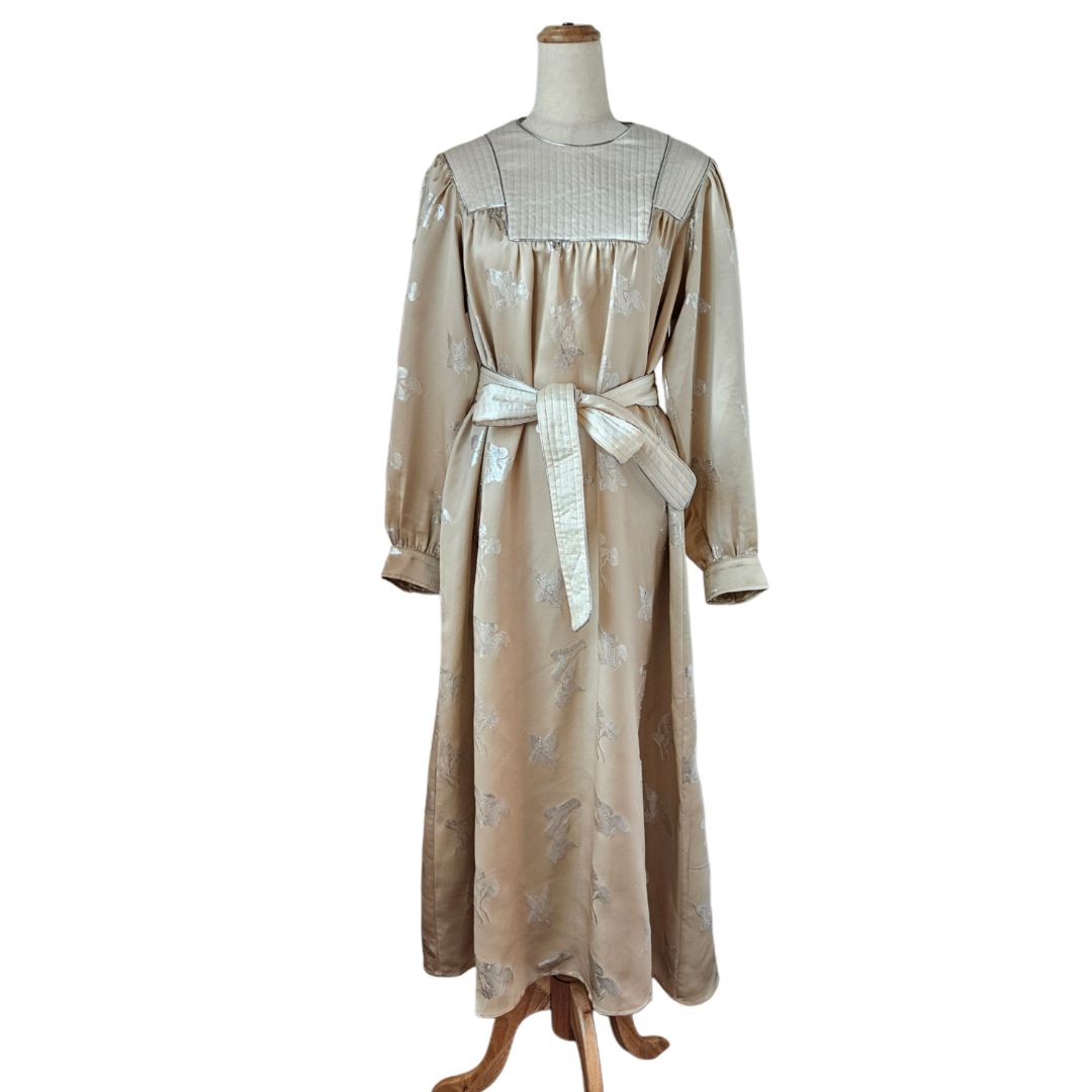 Tory Burch Champagne Mushroom Lurex Satin Belted Dress