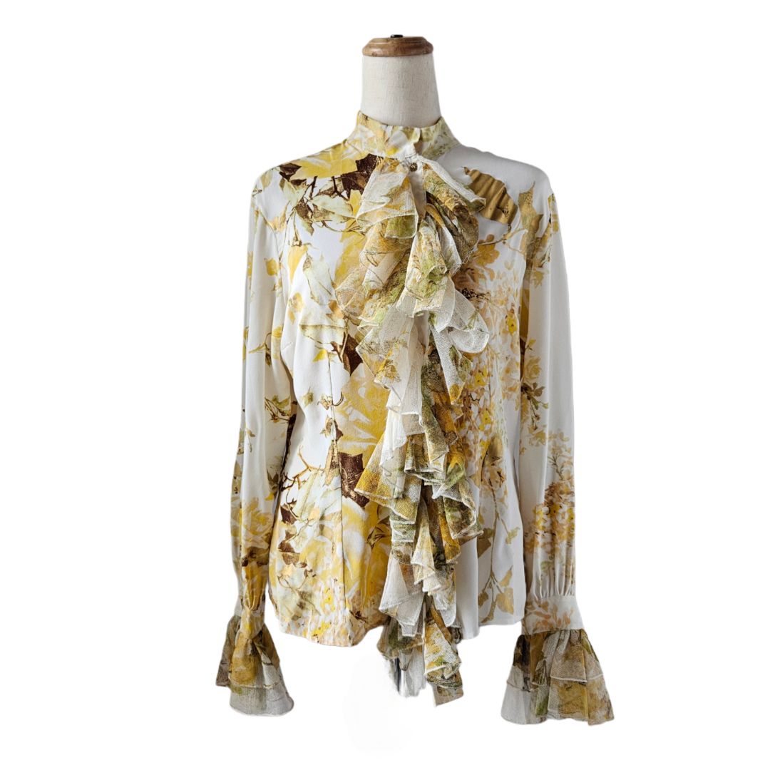 Roberto Cavalli Multicolor Printed Mesh Ruffle Detail Long Sleeve Blouse