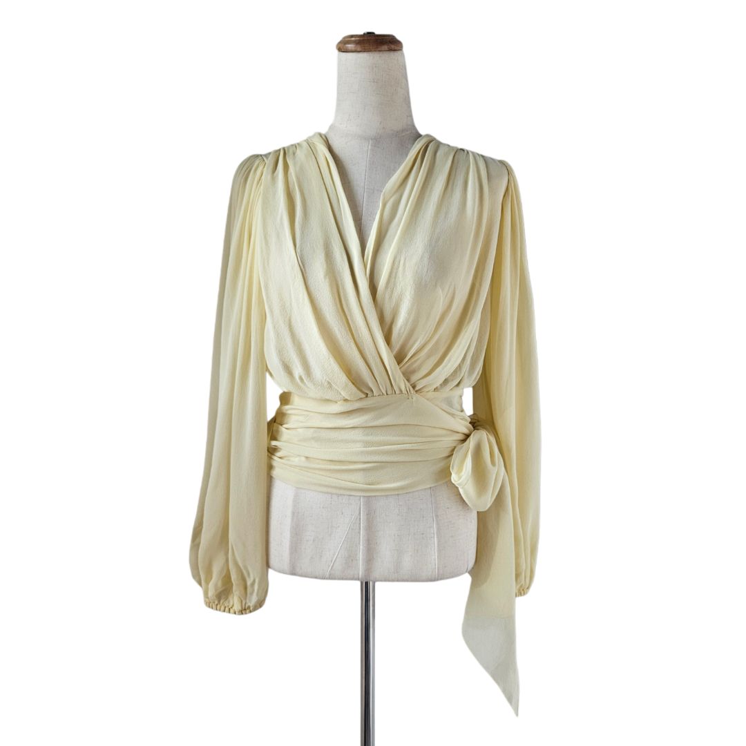 Dolce & Gabbana Yellow Silk Pleated V Sheer Crop Top
