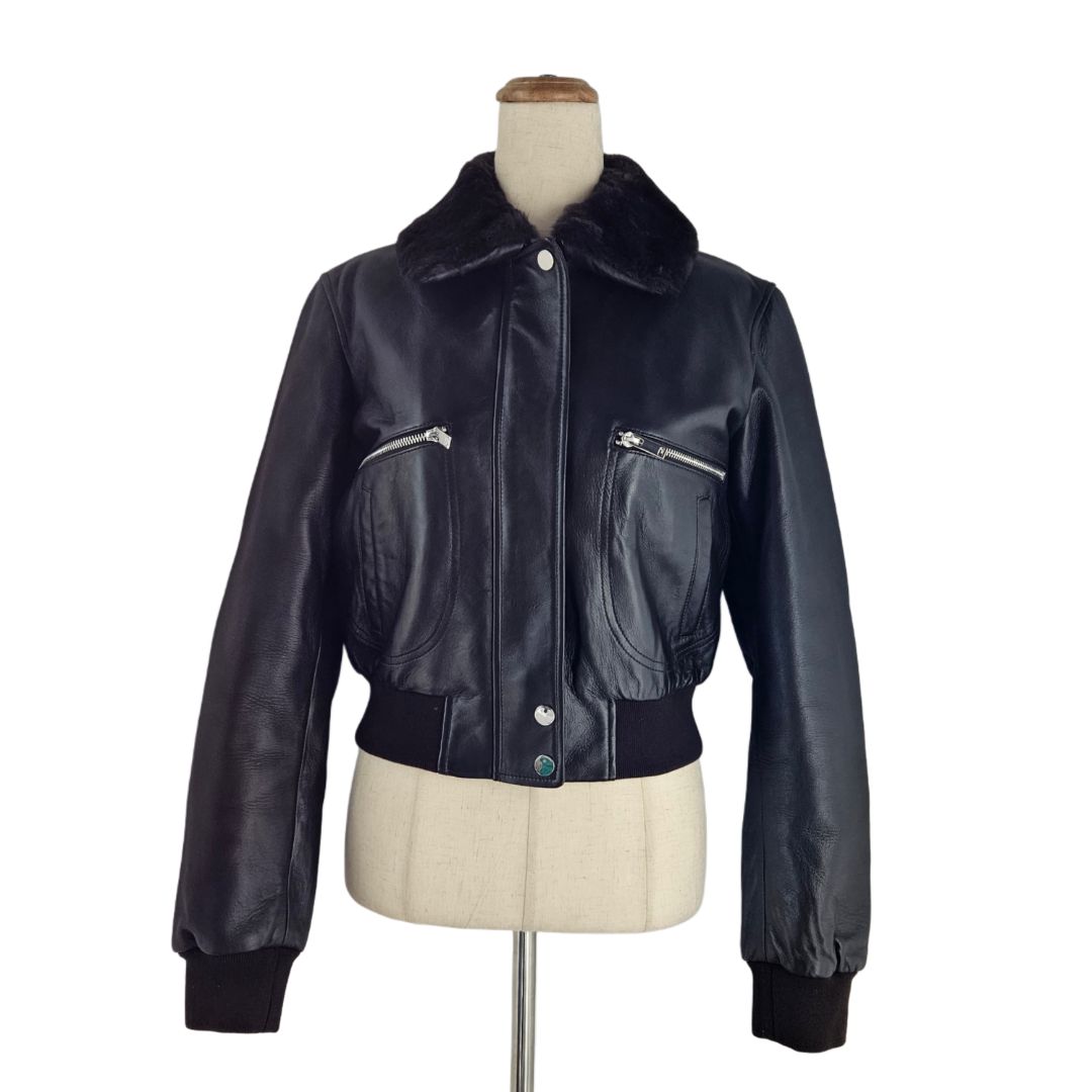 Maje Faux LEather Bomber Jacket with fur collar