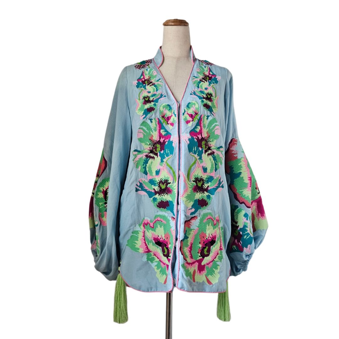 Yuliya Magdych Light Blue Floral Embroidered Kaftan Top