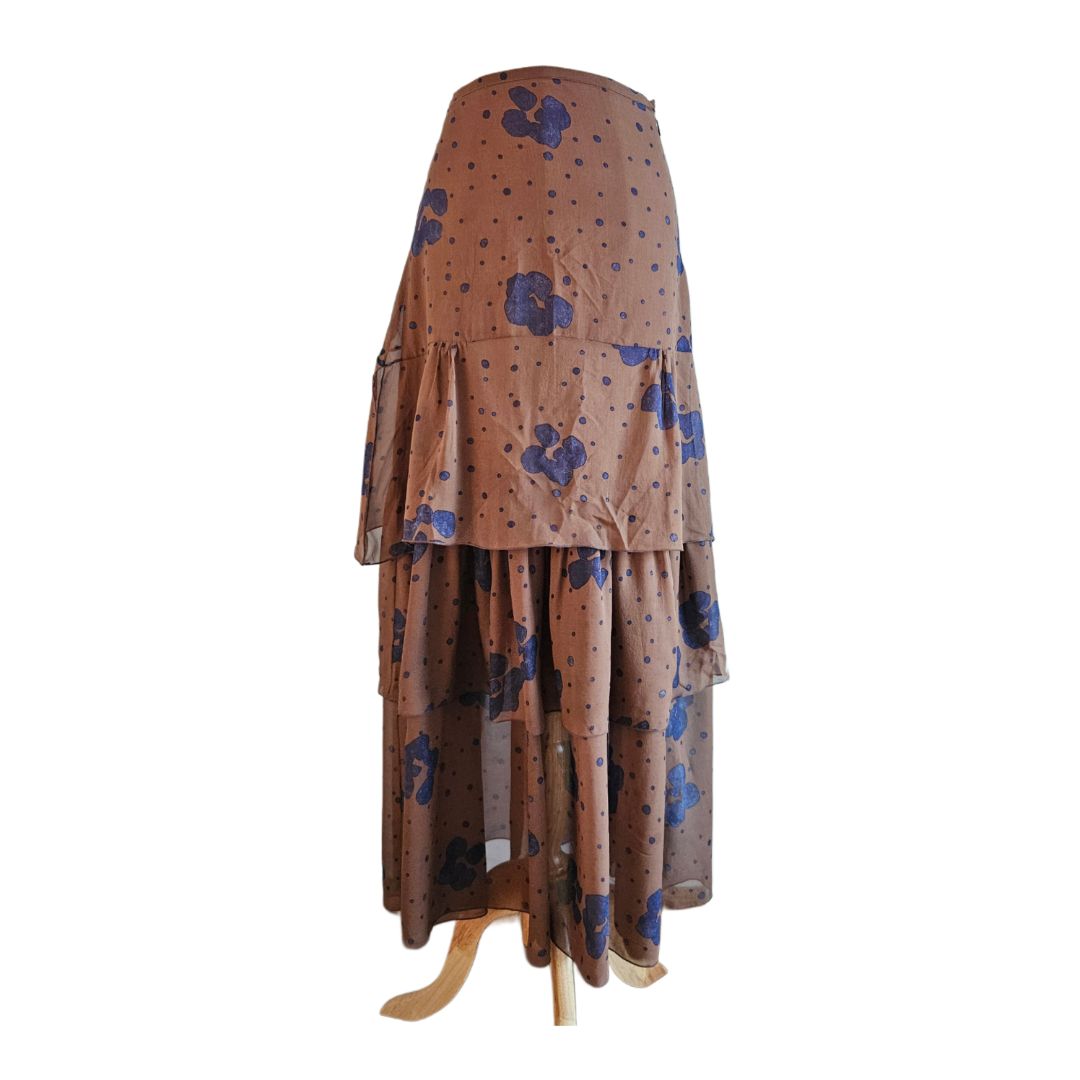 See by Chloe Brown/Blue Polka Dot Print Layered Long Skirt