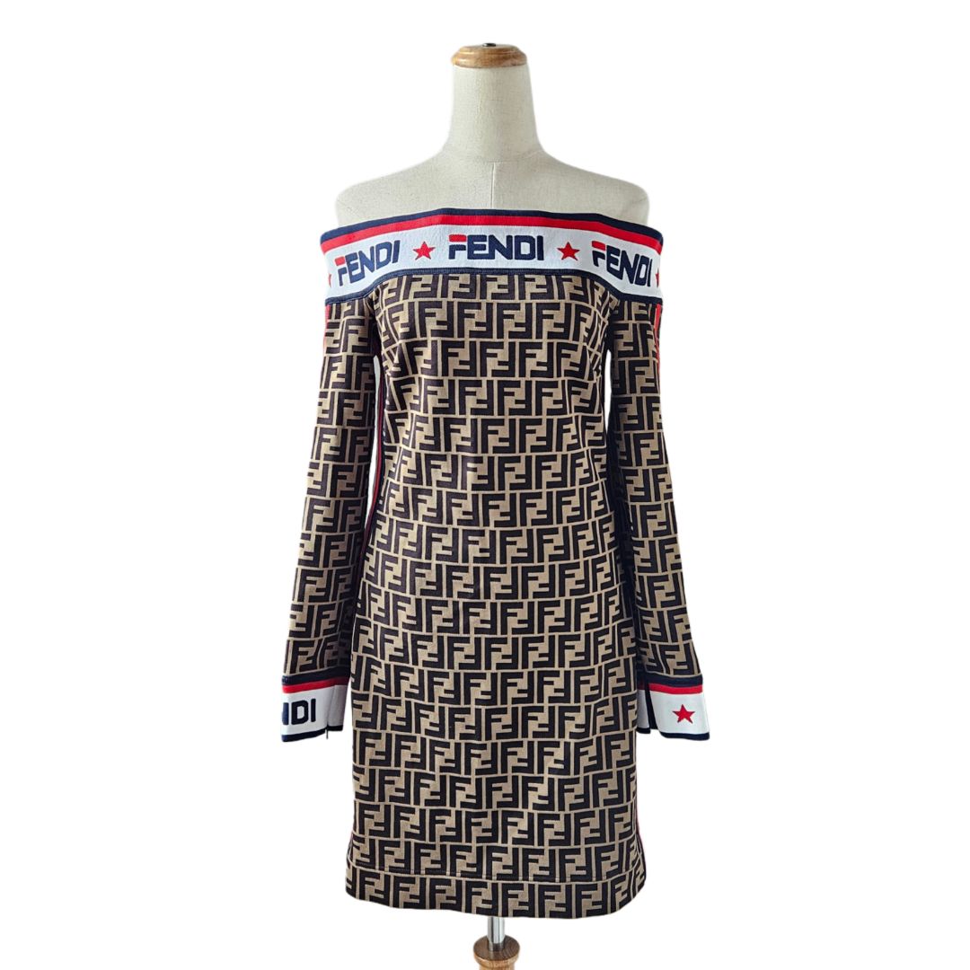 Fendi x Fila Multicolor Off-Shoulder Long Sleeve Logo Short Dress