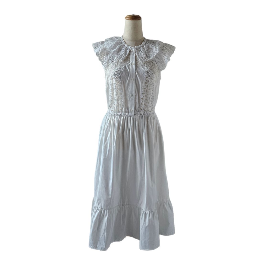 Sandro White Embroidered Sleeveless Button Flared Midi Dress