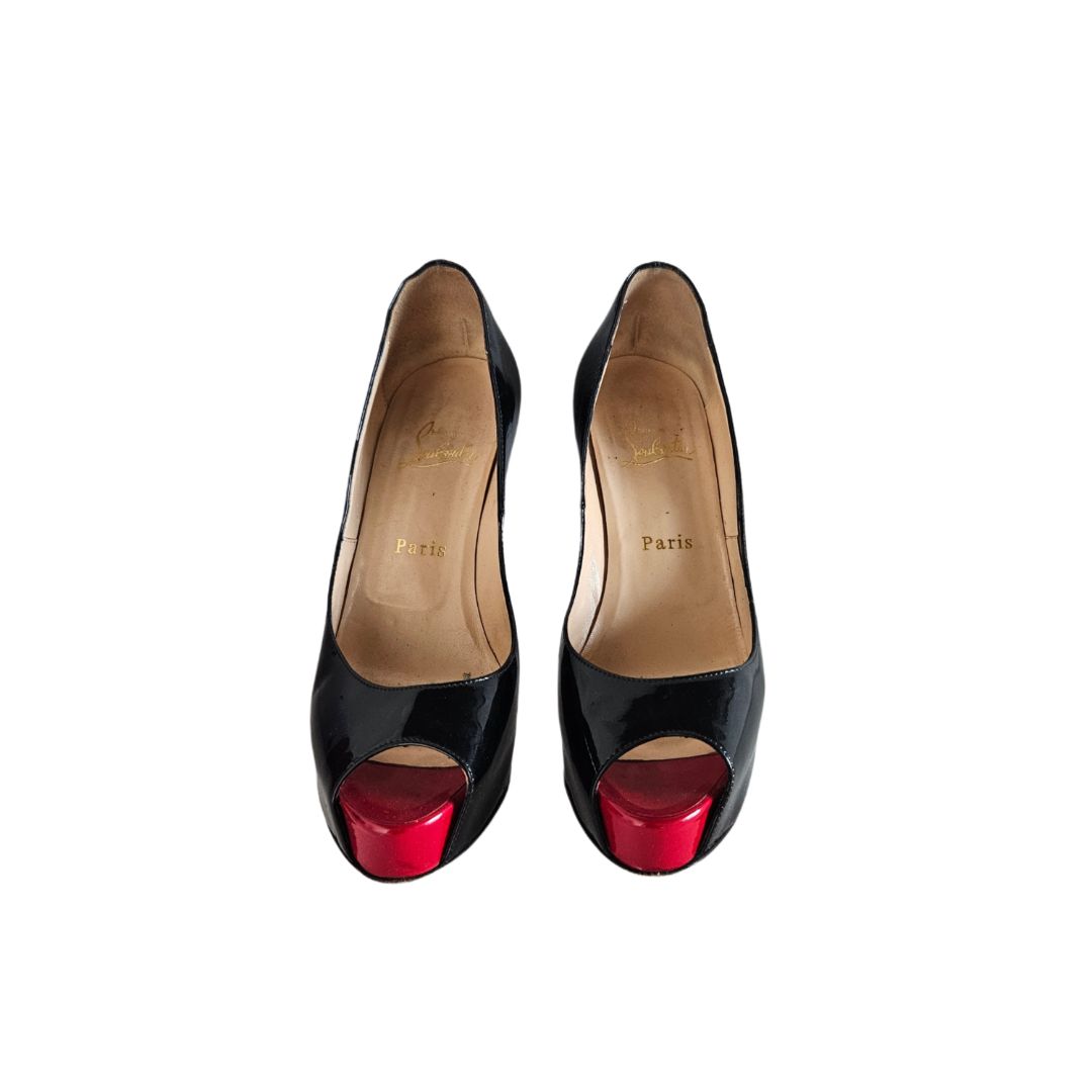 Christian Louboutin Black Leather Patent Lady Peep Toe Pumps