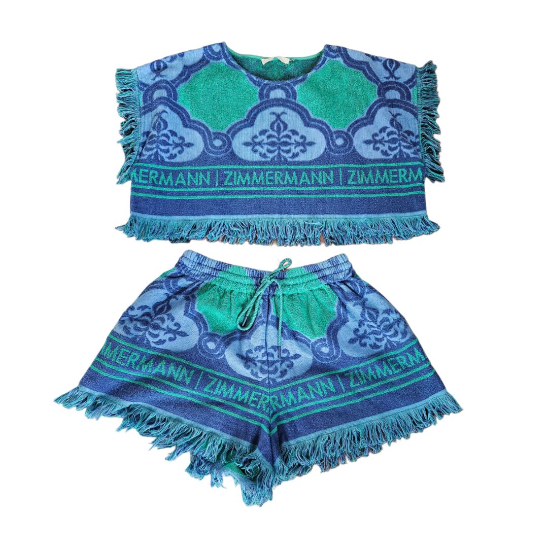 Zimmermann Blue/Green Terry Cloth Crop Top With Shorts Set