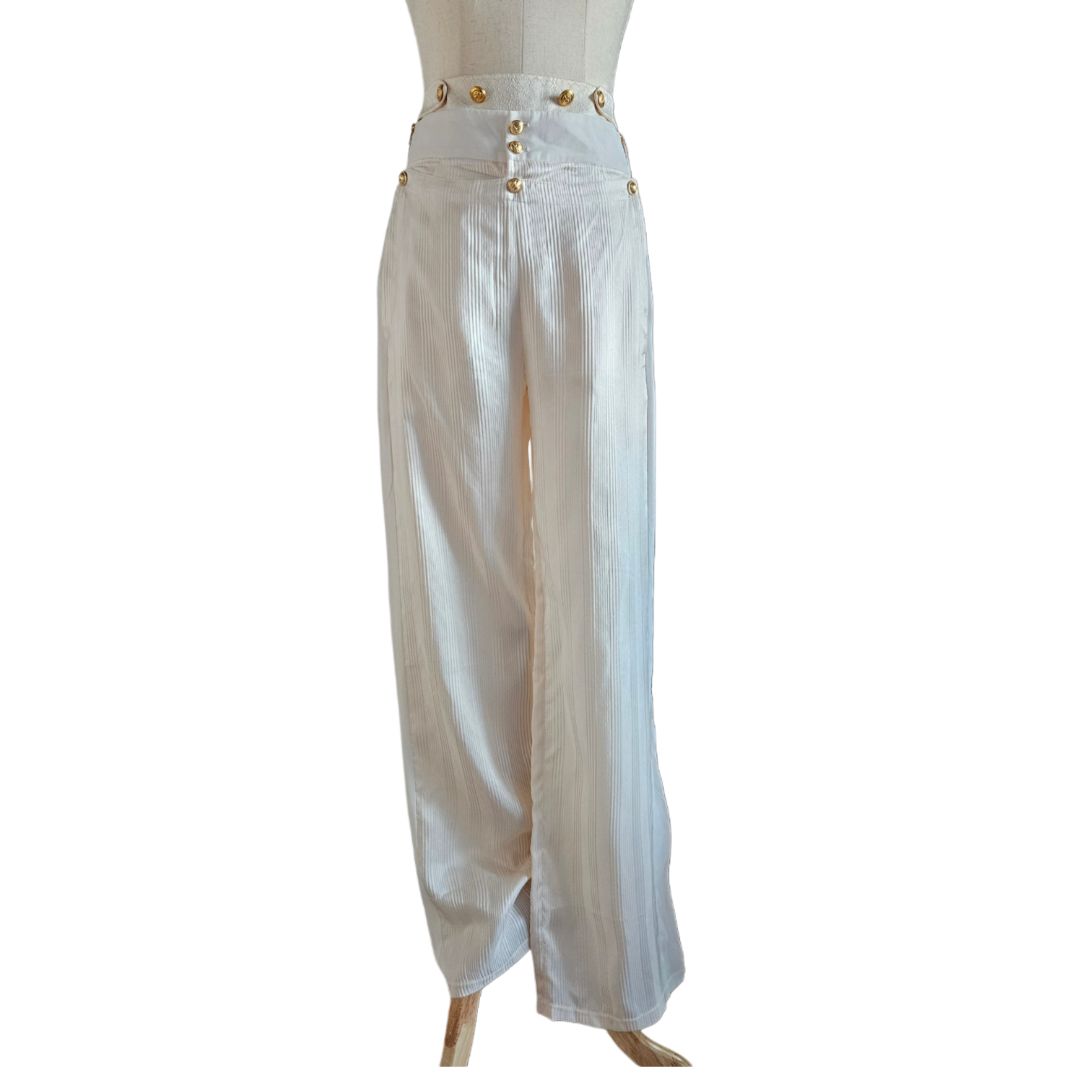 Balenciaga Cream Striped Buttons Zip Side Wide Leg Trouser
