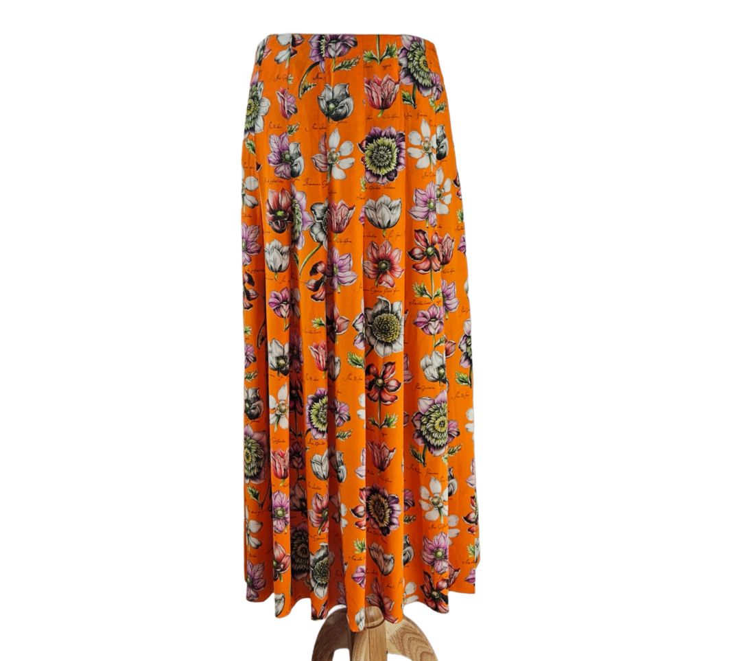 Gucci Orange Floral Printed Silk Pleated Midi Skirt