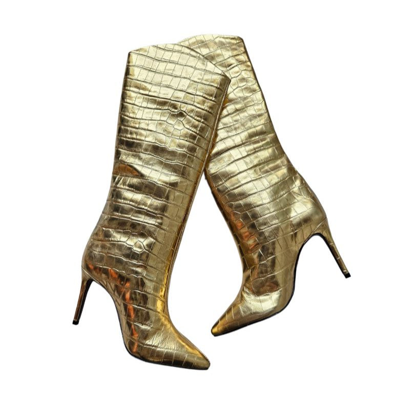 Schutz Gold Maryana Croc Embossed Knee-High Boots