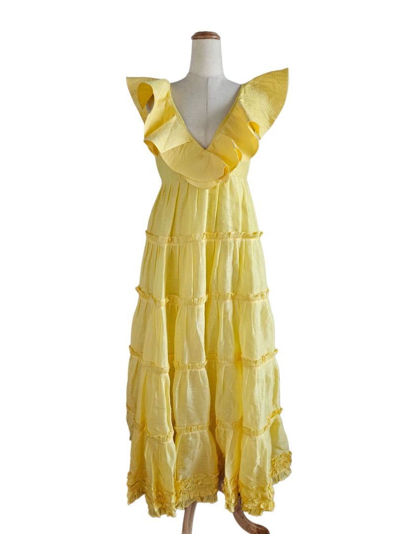 Leo Lin Yellow Ruffle Maxi Flared Dress