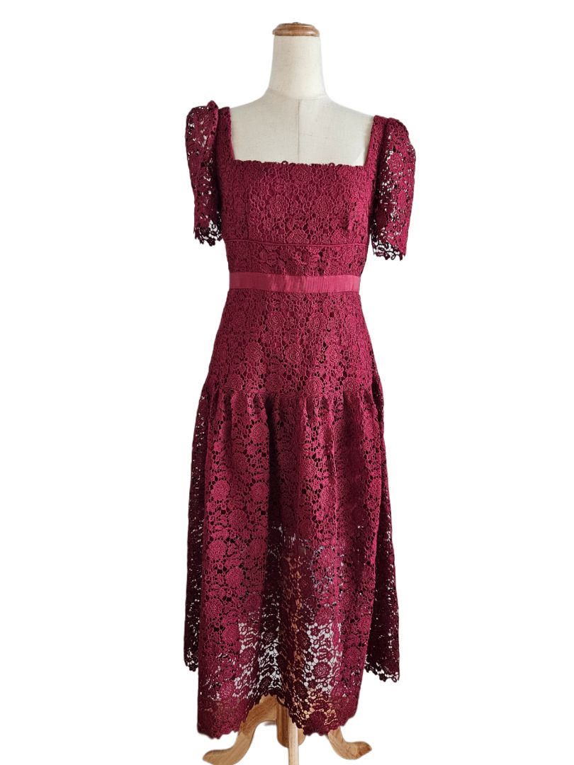 Self Portrait Burgundy Embroidered Lace Midi Dress
