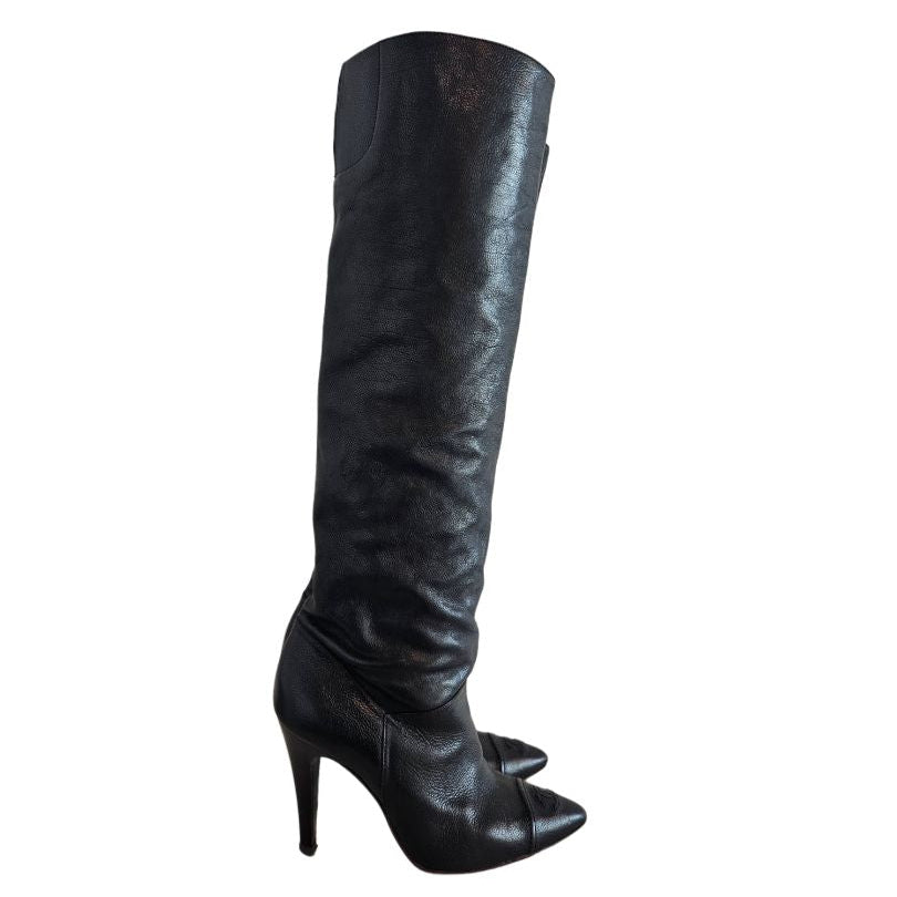 Chanel Black CC Logo Leather Knee High Boots