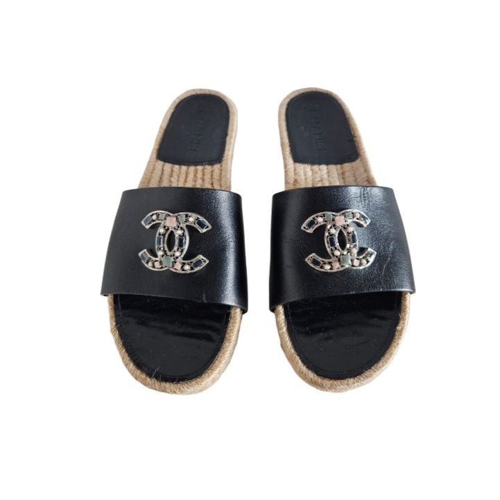 Chanel Black Calfskin Leather Gripoix CC Espadrille Slip On Sandals, size 39