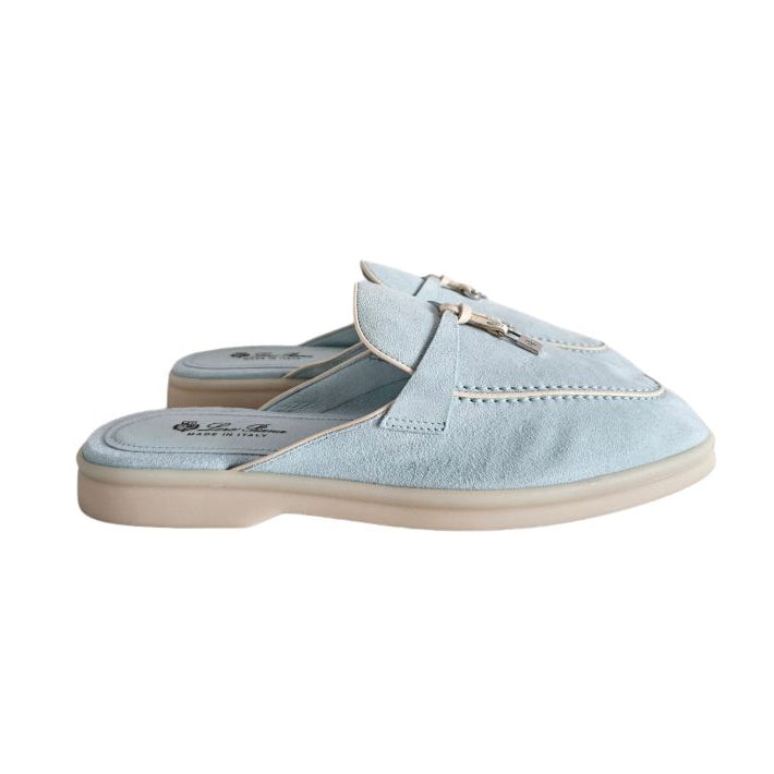 Loro Piana Light Blue Suede Babouche Charms Walk Mules , size 38.5