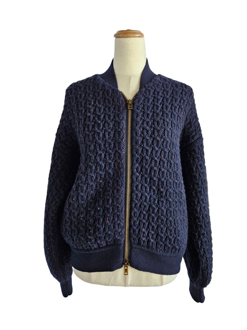 Stella McCartney Navy Chunky Knit Wool Zip Up With Red Thread Detail, size 42