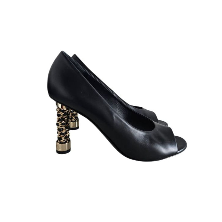 Chanel Black Leather With Chunky Chain Heel Detail Peep Toe Pumps, size 39