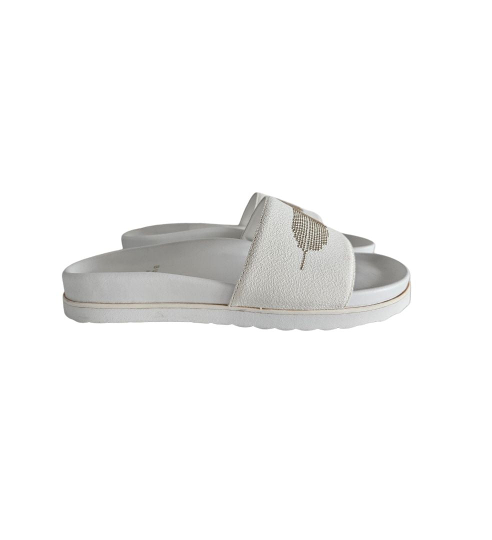 Buscemi White With Gold Studded Leaf Vamp Slides, size 39