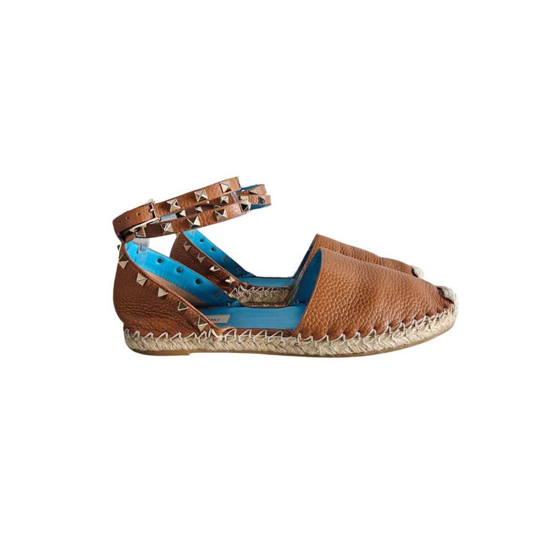 Valentino Brown Leather Rockstud Ankle Strap Flats Espadrille, Size 39