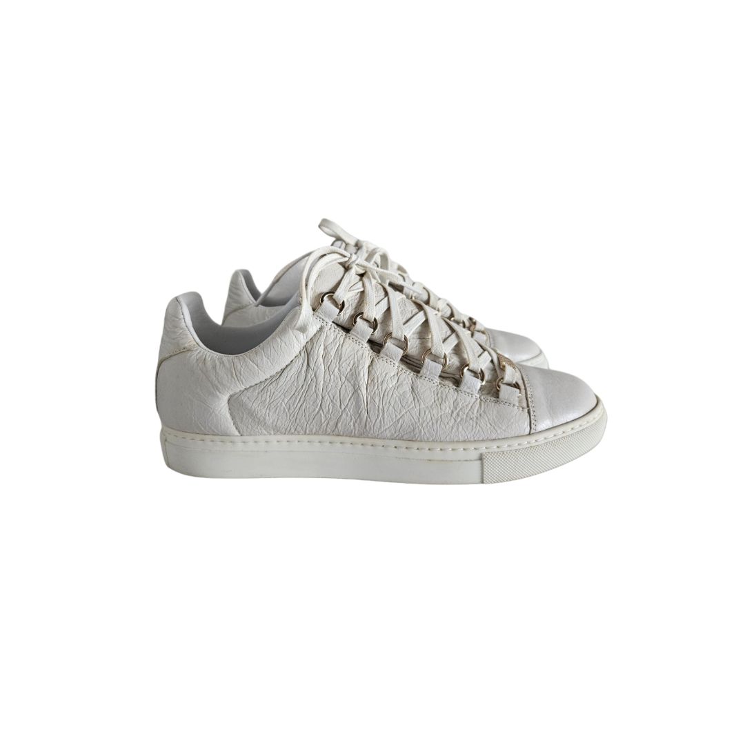 Balenciaga White Crinkled Leather Low Top Lace Up Sneakers, size 38
