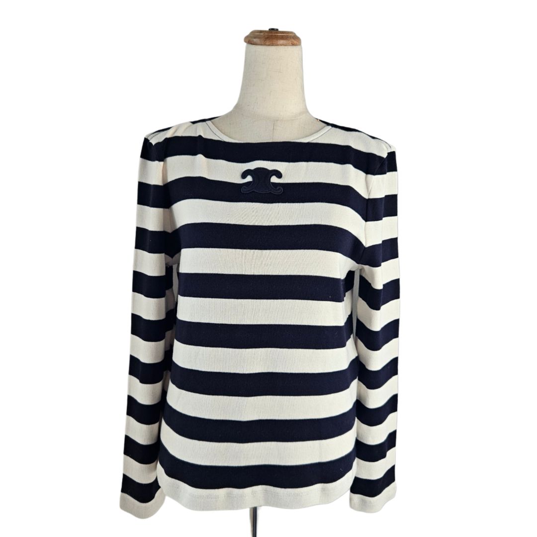 Celine Navy & White Striped Triomphe Logo Embroidered Pullover Top