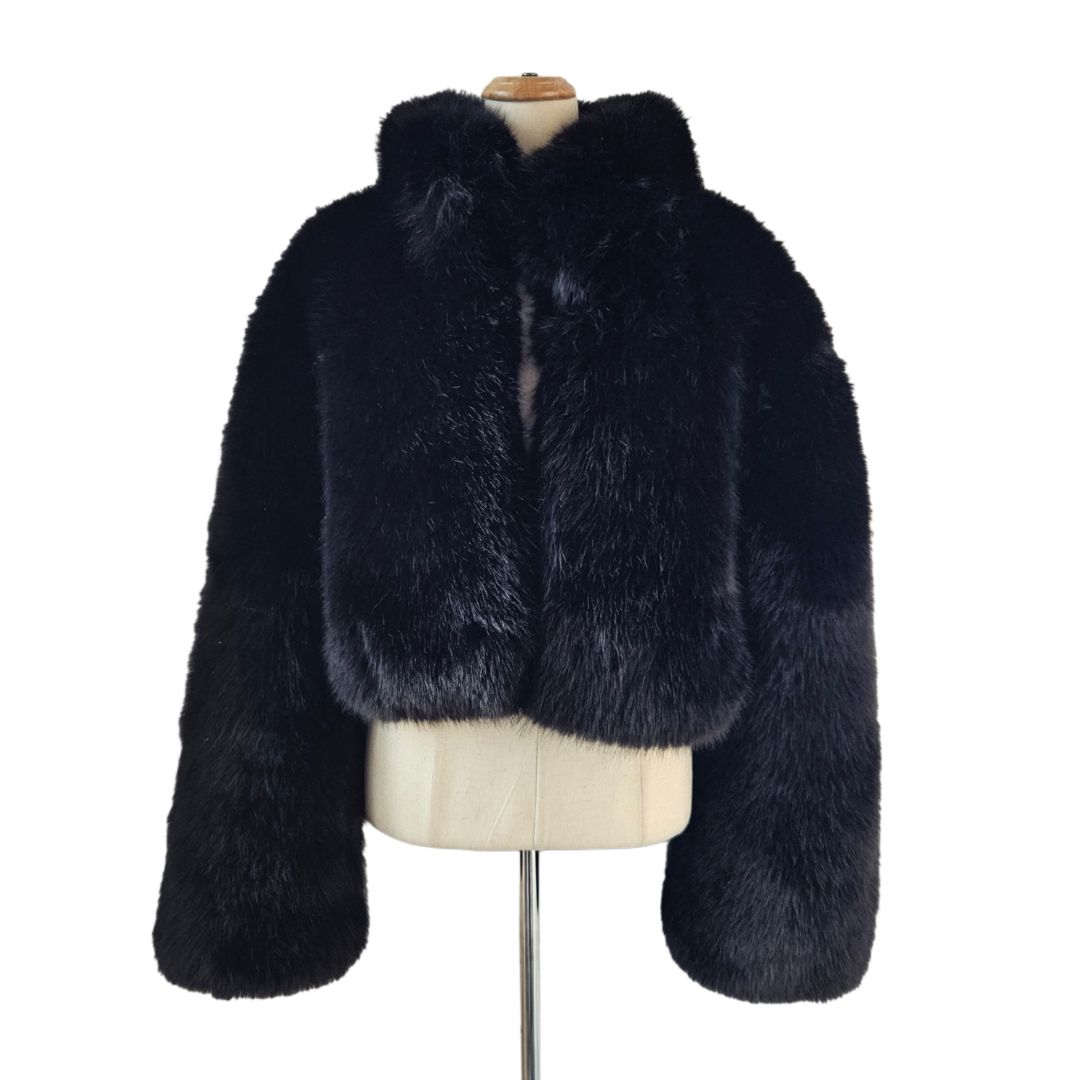 Alo Black Opulent Faux Fur Cropped Jacket, size medium
