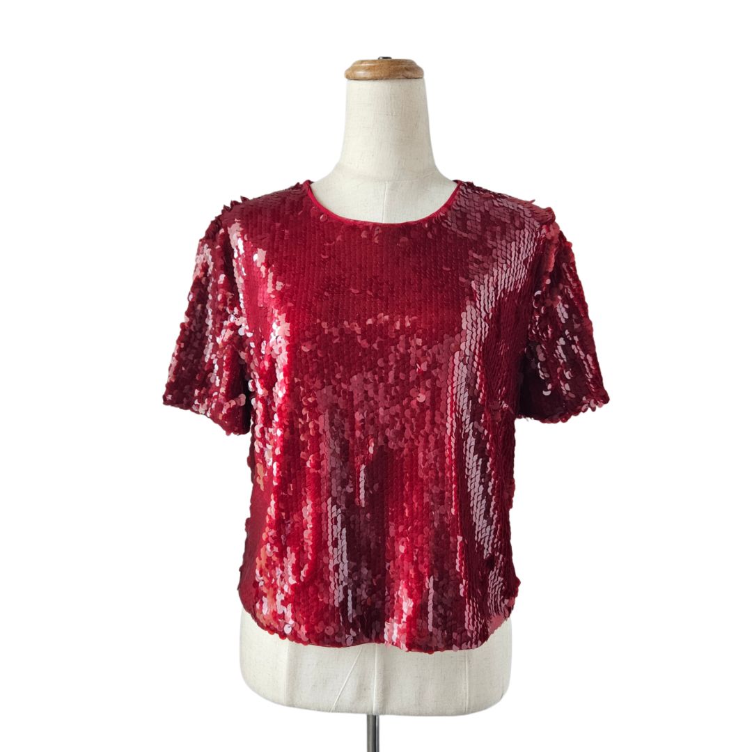 Staud Red Sequin Embellished Short Sleeve Top