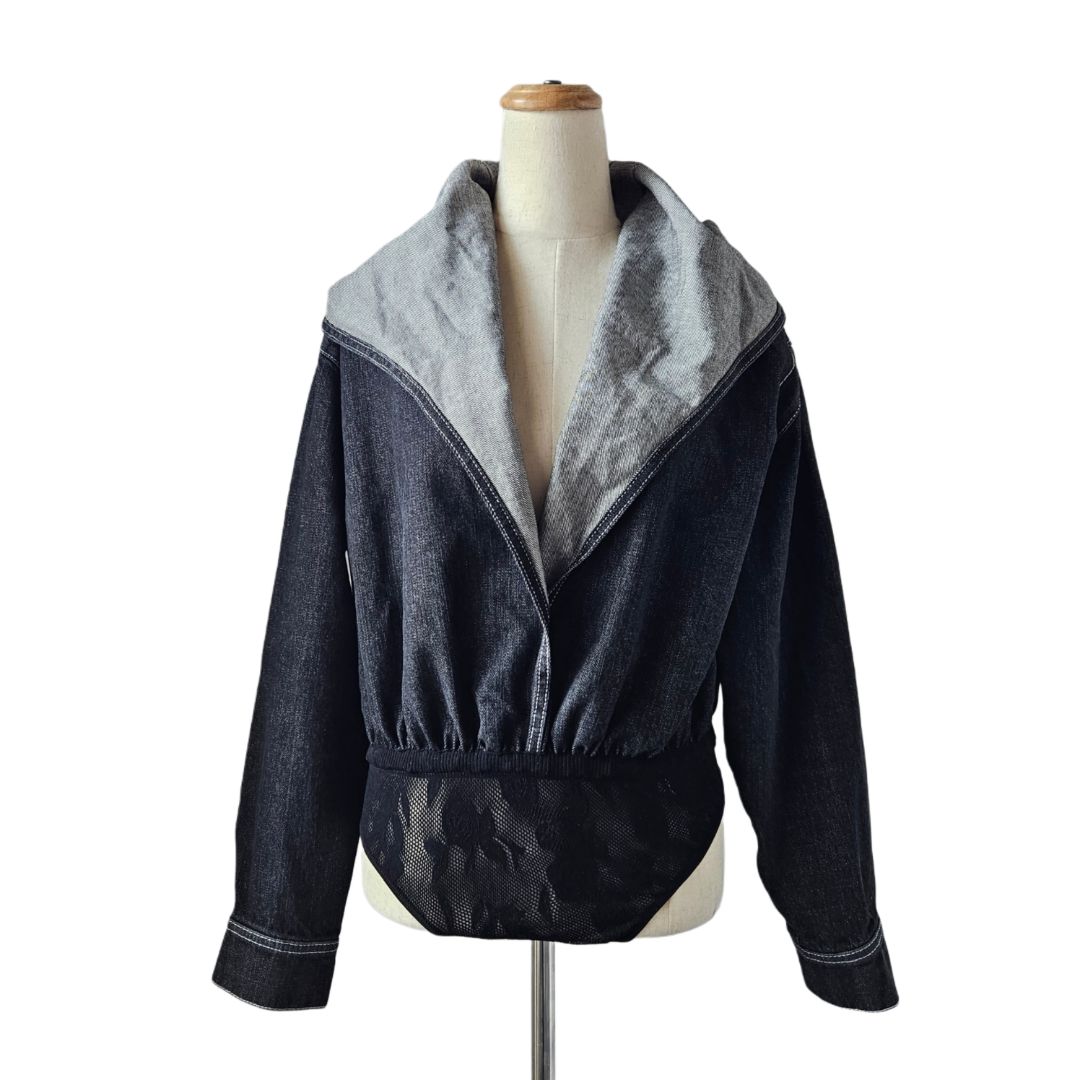 Alaia archetypes hooded denim and stretch-lace bodysuit