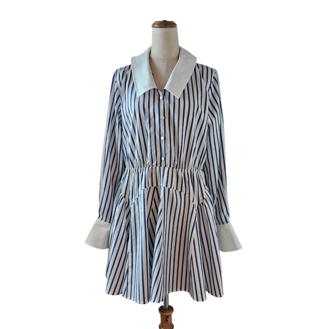 Self-Portrait White and Blue Striped Polo Layered Dress