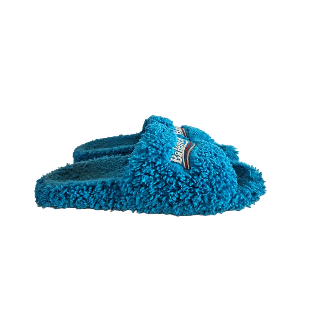 Balenciaga Blue Shearling Logo Flat Slides, size 38
