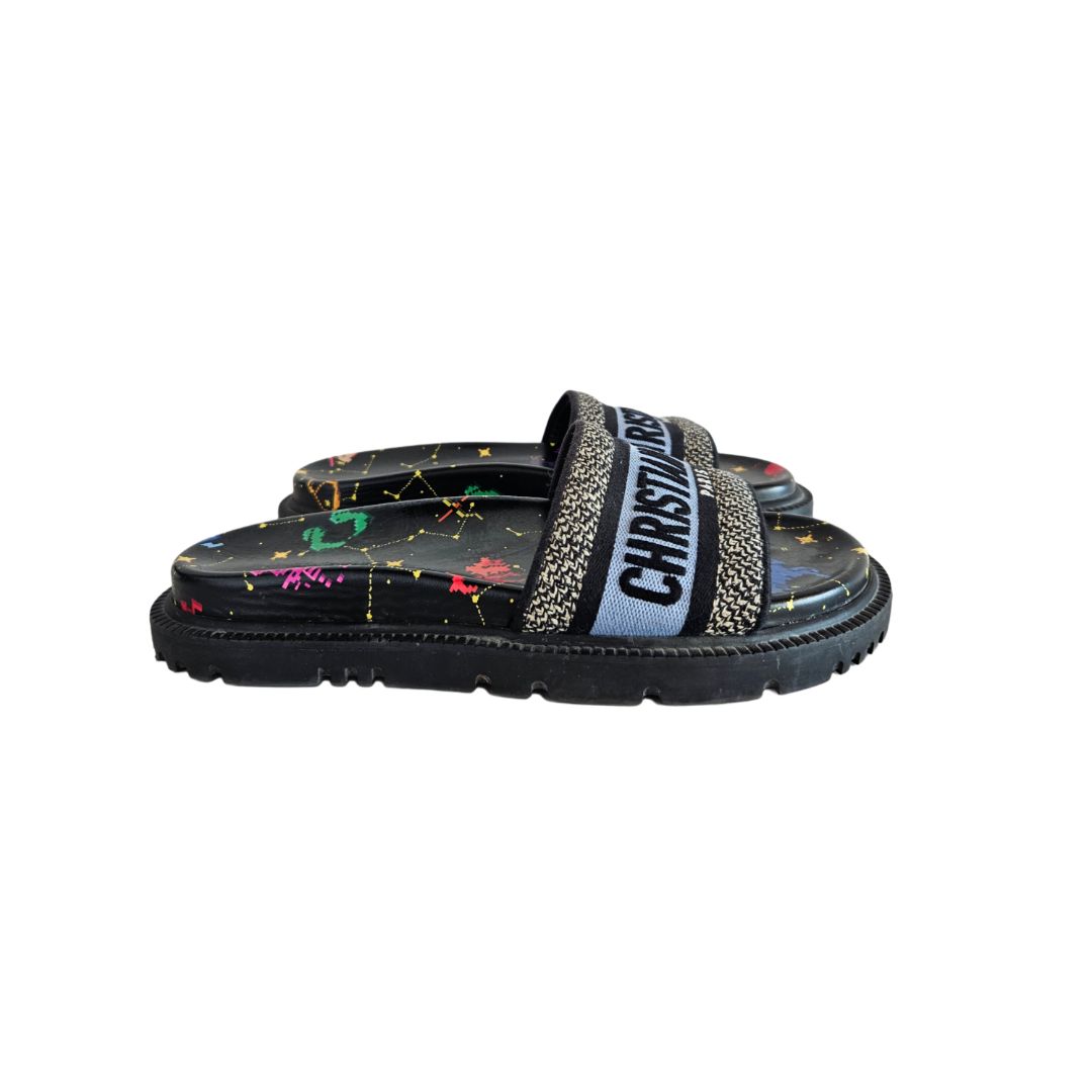 Christian Dior Multicolor  D-Way Pixel Zodiac Canvas & Leather Flat Slides, size 38