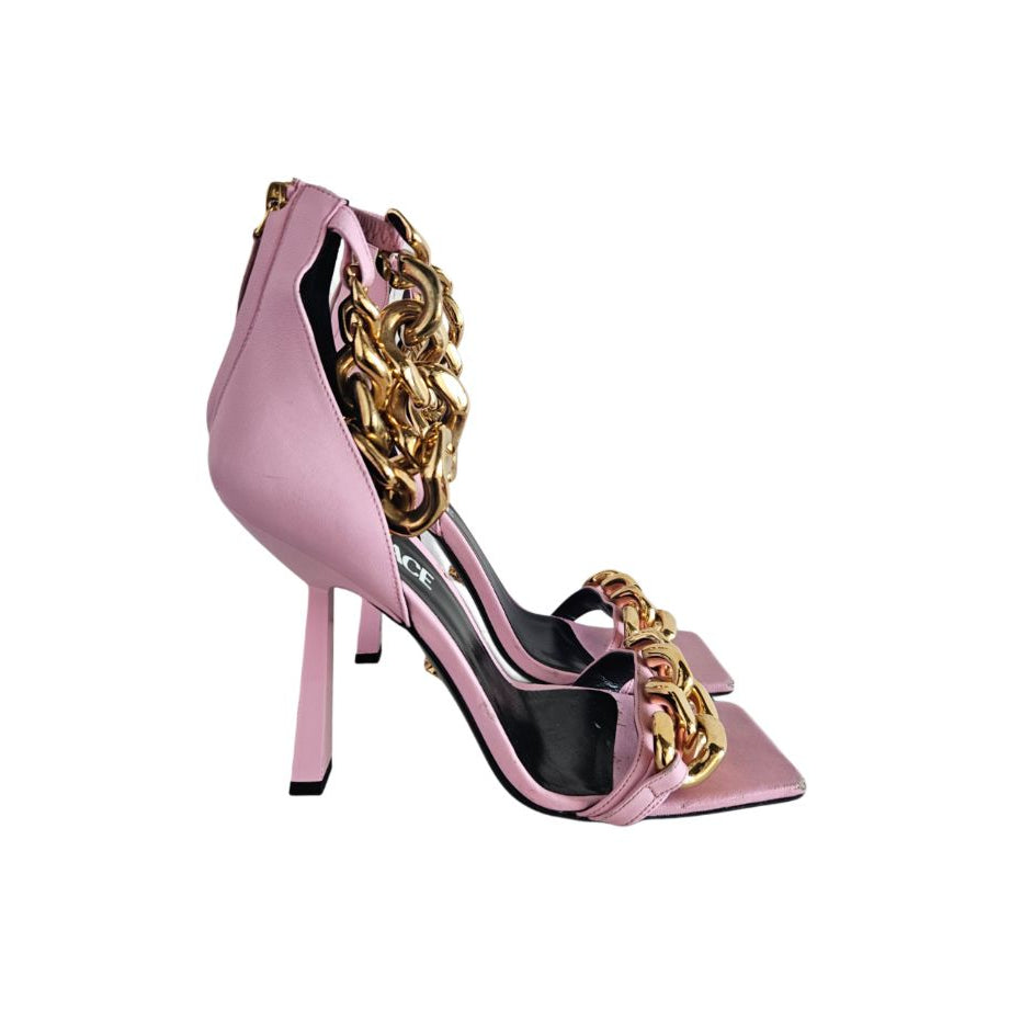 Versace Pink Square Toe Chunky Chain Heels, size 38.5