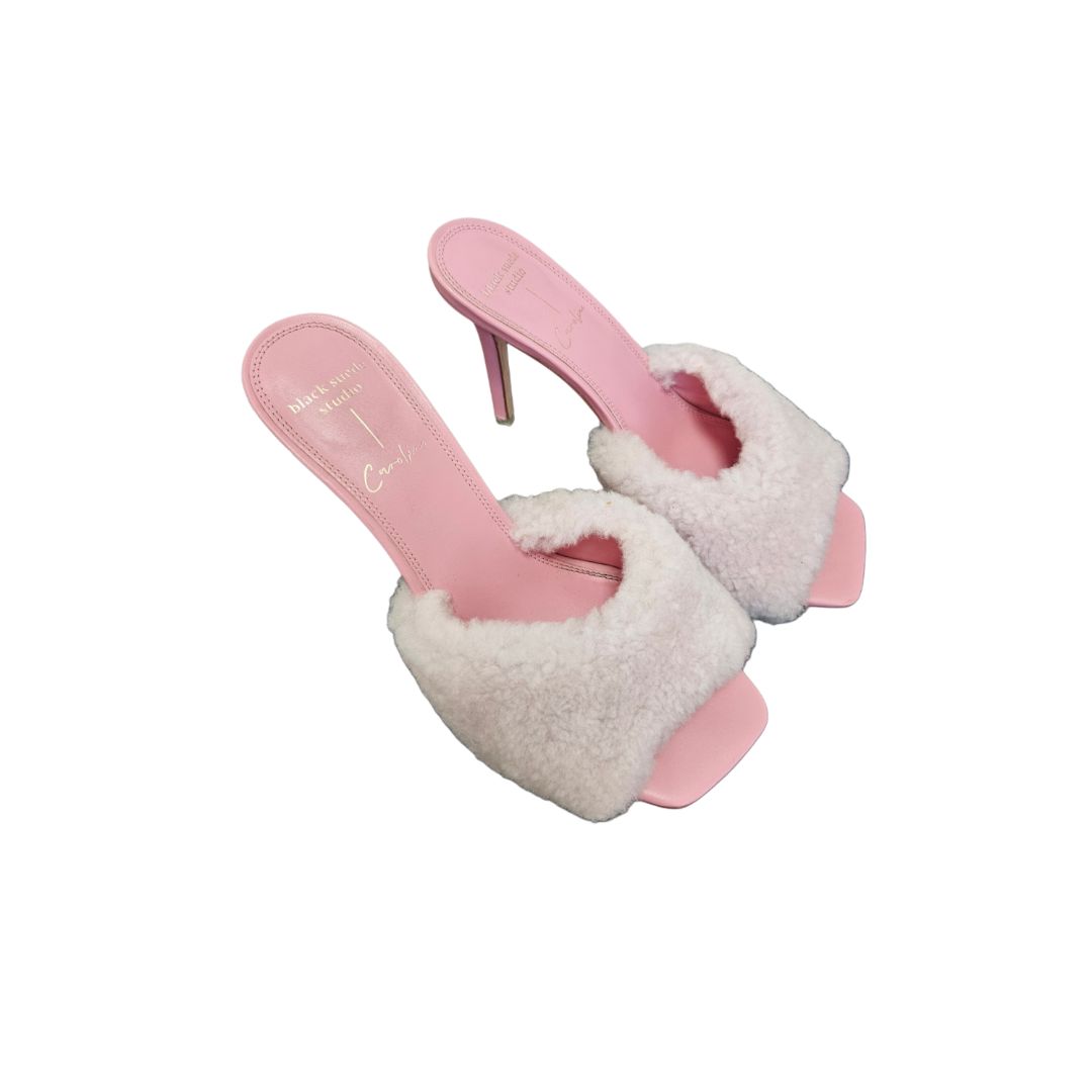 Black Suede Studio Pink Fuzzy Mules, 38.5