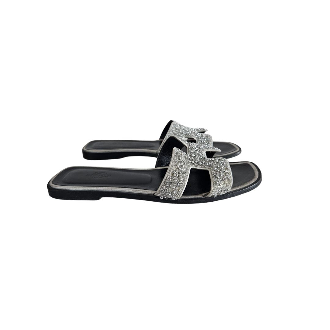 Hermes Grey Beaded Oran Flat Sandal, size 38.5
