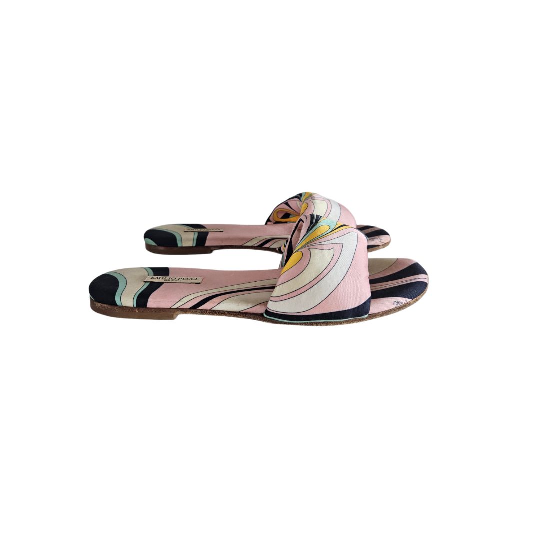 Emilio Pucci Printed Multicolor Satin Flat Sandals, size 38