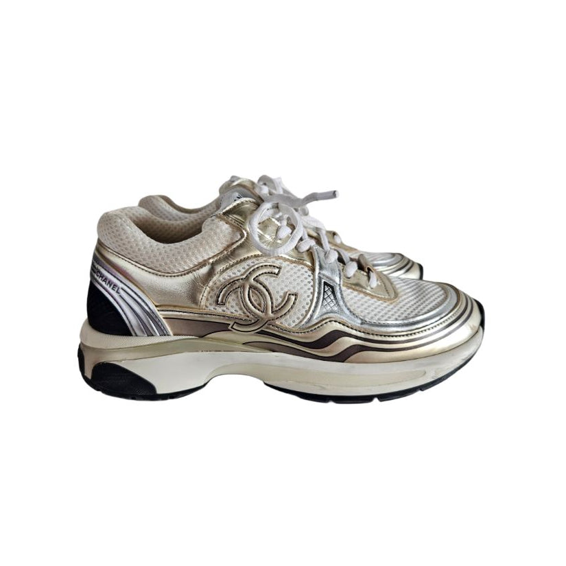 Chanel Gold and White CC Mesh and Leather Sneakers, size 36.5