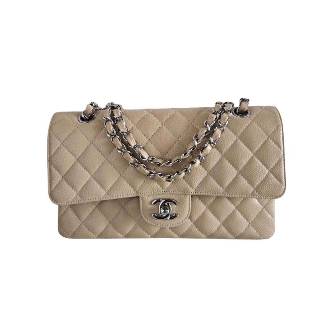 Chanel Beige Carviar Leather Double Flap Medium Classic Flap Bag