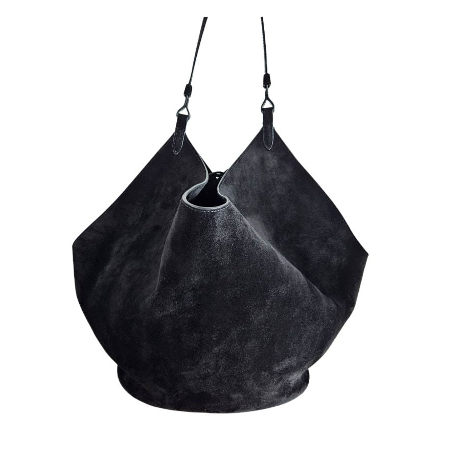 Khaite Black Suede Lotus Shoulder Tote Bag