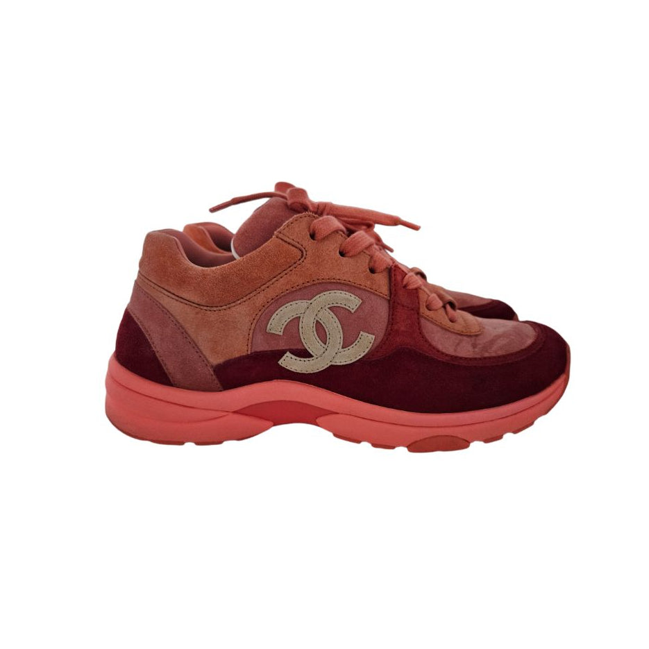 Chanel Pink Suede Lace Up Sneakers, Size 38