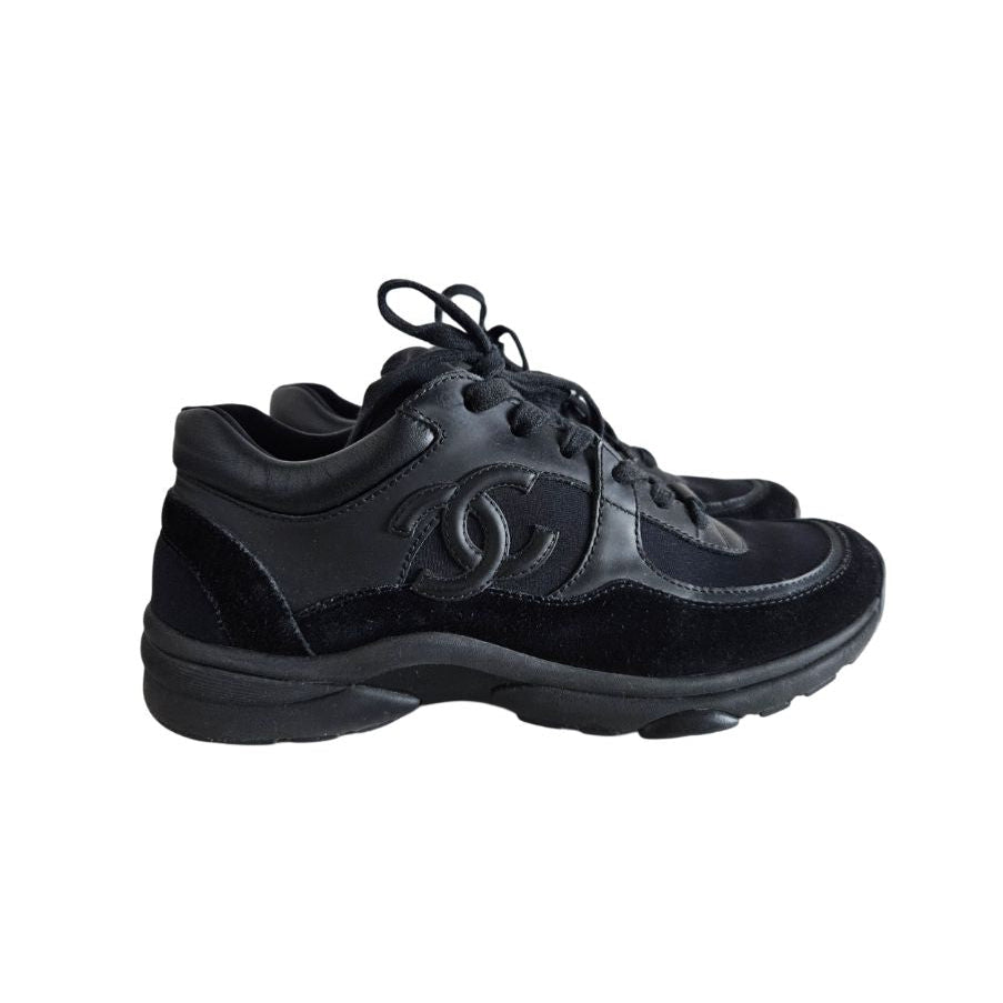 Chanel Black Leather and Suede CC Lace Up Sneakers, Size 38