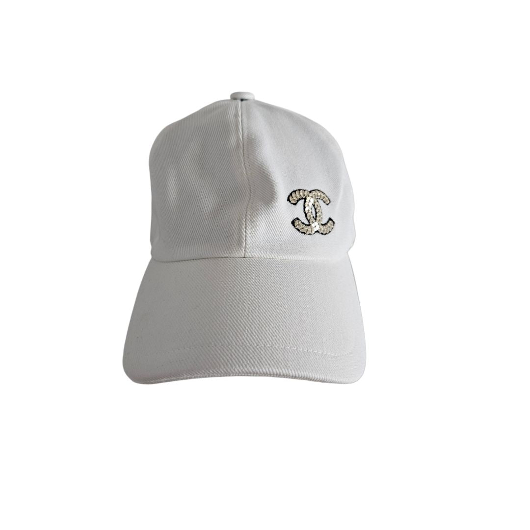 Chanel White CC Logo Sequin Baseball Cap