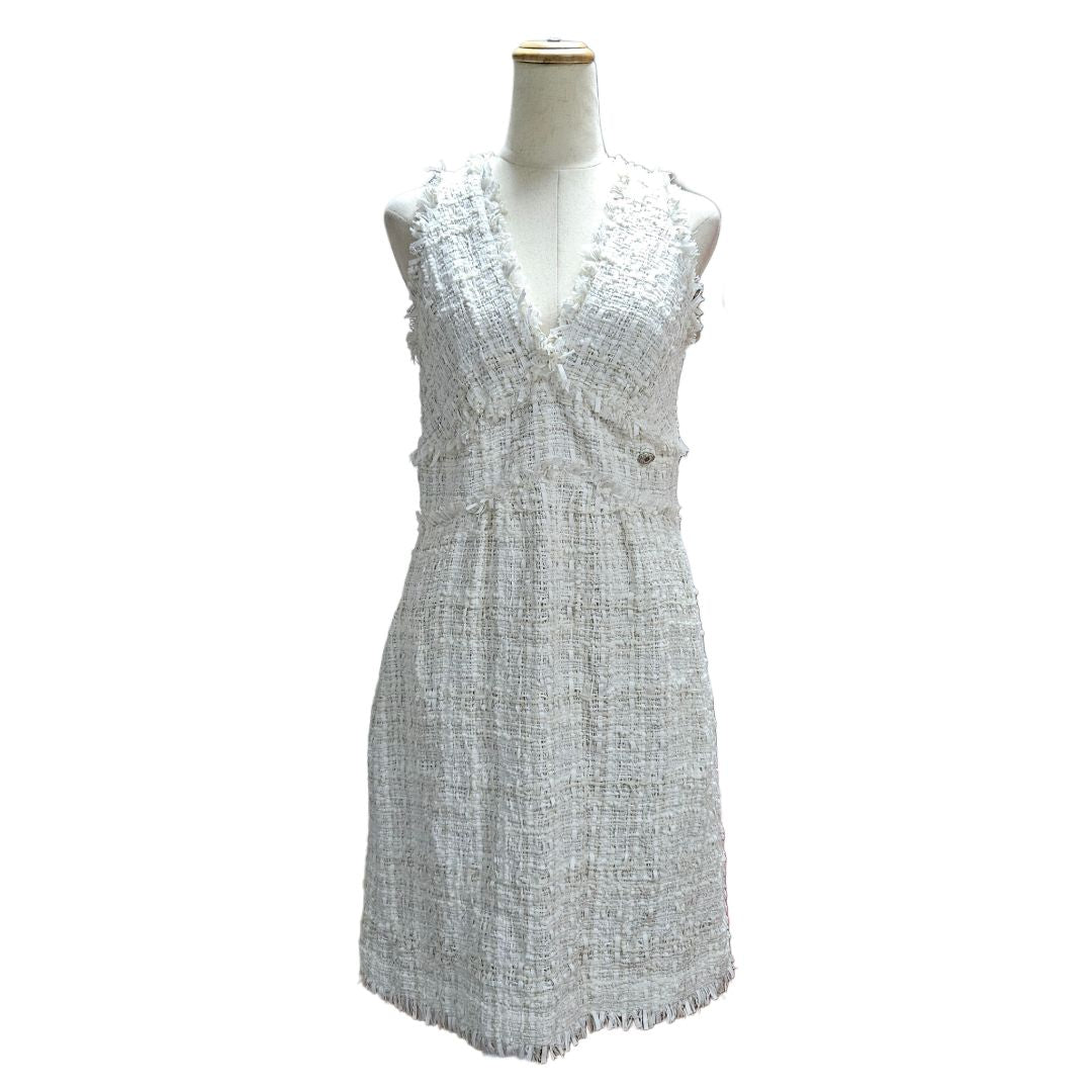 chanel tweed dress white Chanel White Tweed V Neck Midi Dress